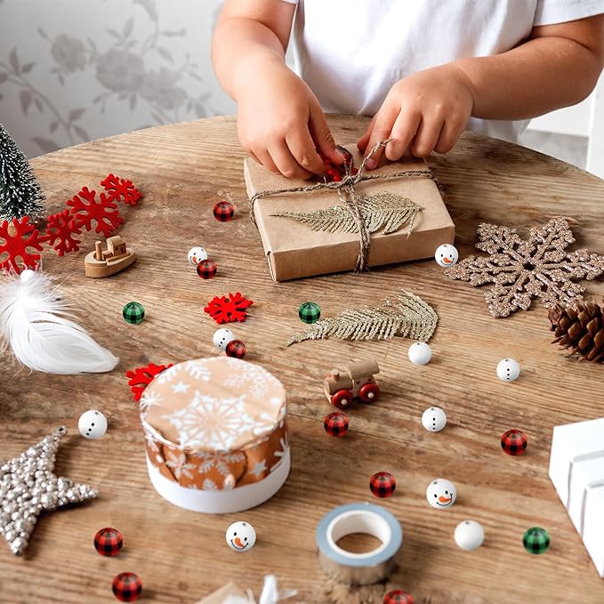 Landical 180 Piece DIY Christmas Snowman Wooden Bead Crafts Christmas DIY Ornaments Buffalo Plaid Wood Round Bead Xmas Print Wooden Beads with Twine Scarf for Crafts(Cute Color)