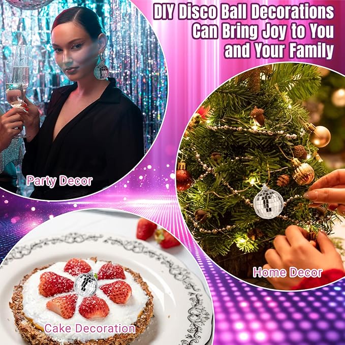 50 Pcs Disco Ball Decor Mirror Silver Disco Balls Hanging Ornaments Mini Disco Cake Topper for Home Wedding Birthday Dance Music 70s Themed Party Christmas Tree Ornaments (1.2'',2'',3.2'',4'')