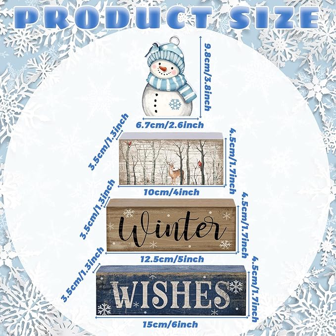 4 Pcs Snowman Christmas Decor Wooden Snowman Blue and White Winter Tiered Tray Decor Christmas Table Centerpiece Wooden Rustic Winter Block Sign Farmhouse for Home Kitchen Shelf Gift