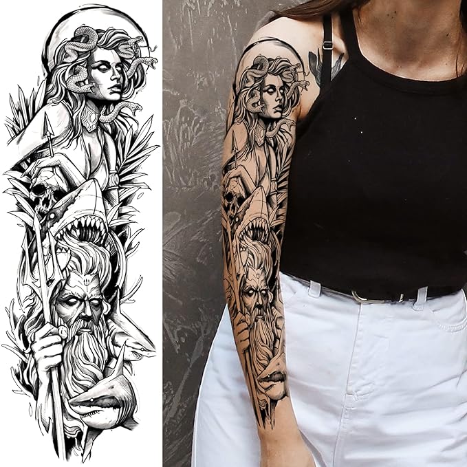 Greek Warrior Temporary Tattoo Sleeve for Men, 4-Sheet Full Arm Large Realistic Poseidon Knight Fake Tattoo Sleeve Adult Women and 4-Sheet Black Eye Greek Myth Half Arm Temp Tatoo Sticker Leg Body Art