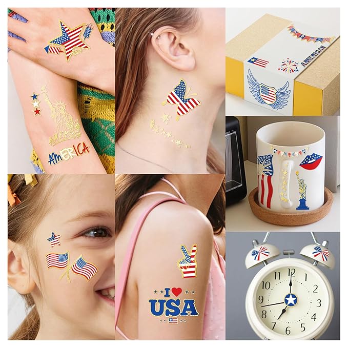 4th of July Temporary Tattoo, 90+ Styles Fourth of July Decoration American Flag Fake Tattoos, Red White and Blue USA Flag, Independence Day Party Supplies for Memorial Day & Labor Day