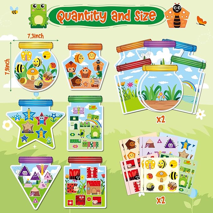 CY2SIDE Summer Bugs Sorting Stickers Scene - 12 Set Cute Insect Sorting Art Craft for Kids Make A Bug Jar Stickers Scene with Butterfly Bee Flower DIY Summer Party Games Class Activities