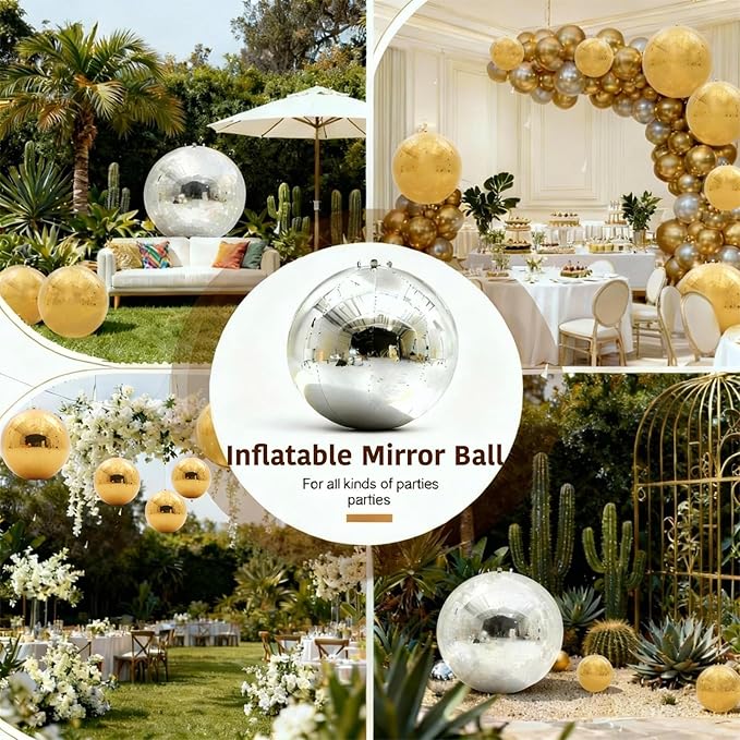 6PCS Silver Inflatable Mirror Ball,Big Shiny Balls Inflatable,Reusable PVC Mirror Balls,Large Hanging Balloon Disco Ball with Air Pump for Wedding Event Birthday Party Decor