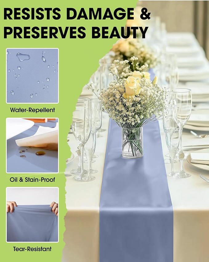 Pureegg Dusty Blue Plastic Table Runners - 12 Pack, 14'' x 108'', Water Resistant & Disposable Centerpiece Decorations for Table Cloth, Wedding, Birthday, Holiday, Baby Shower, Party, Home Decor