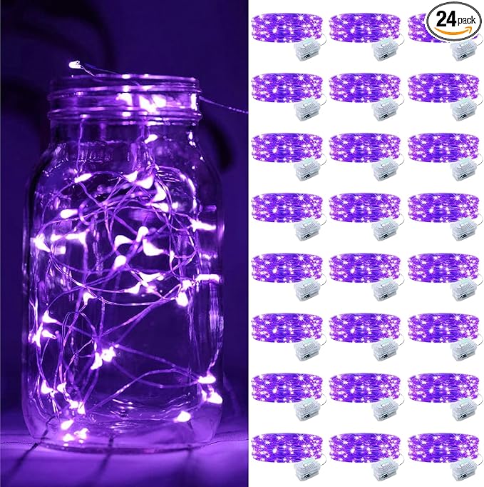 ZGWJ 24 Pack Fairy Lights Battery Operated, 7ft 20 Mini LED Fairy String Lights Silver Wire 3 Modes for DIY, Parties, Wedding, Bedroom, Halloween Christmas Decoration Purple