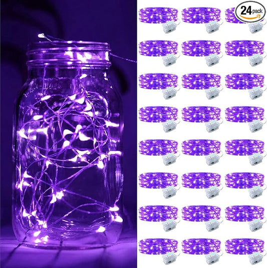 ZGWJ 24 Pack Fairy Lights Battery Operated, 7ft 20 Mini LED Fairy String Lights Silver Wire 3 Modes for DIY, Parties, Wedding, Bedroom, Halloween Christmas Decoration Purple