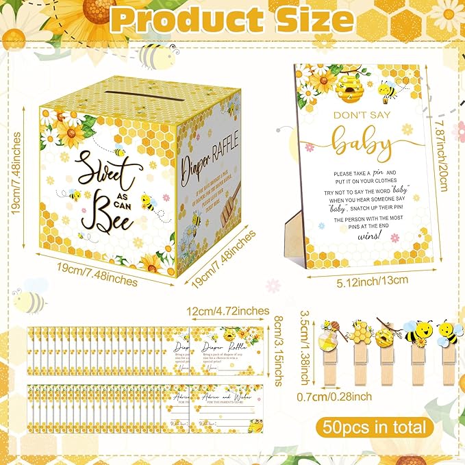 102 Pcs Baby Shower Game Supplies Diaper Raffle Tickets with Diaper Raffle Card Box Don't Say Baby Sign Mini Clothespin Shower Game Decor for Gender Reveal (Bee)