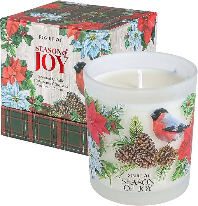 ROMIIE ZOI Christmas Scented Jar Candle - 6oz Soy Wax Candle - Season of Joy Infused with Winter Greenery Aroma - with Beautiful Keepsake Box Special for Christmas/Holiday Gifts