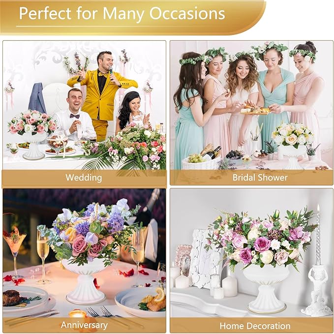 White Wedding Vases for Centerpieces: Small Flower Vase for Tables - 6.5 Inch Metal Compote Bowl Urn Pedestal for Party Anniversary Event Home Decor Set of 10