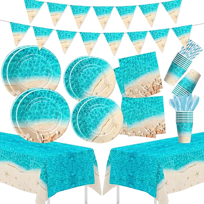 Beach Party Decorations, Ocean Seashell Party Supplies, Plate, Cup, Napkin, Tablecloth, Cutlery, Banner, Ocean Beach Table Decorations For Birthday Baby Shower Wedding, Serves 24