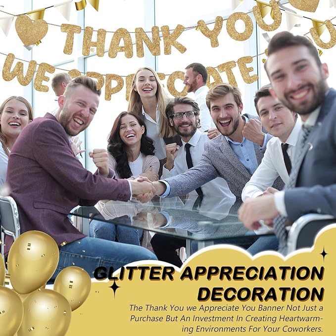 Fulmoon Pre Strung Thank You We Appreciate You Glitter Banner Funny Appreciation Banner for Employee Coworker Staff Teacher Thank Sign Party Decorations(Champagne Gold)