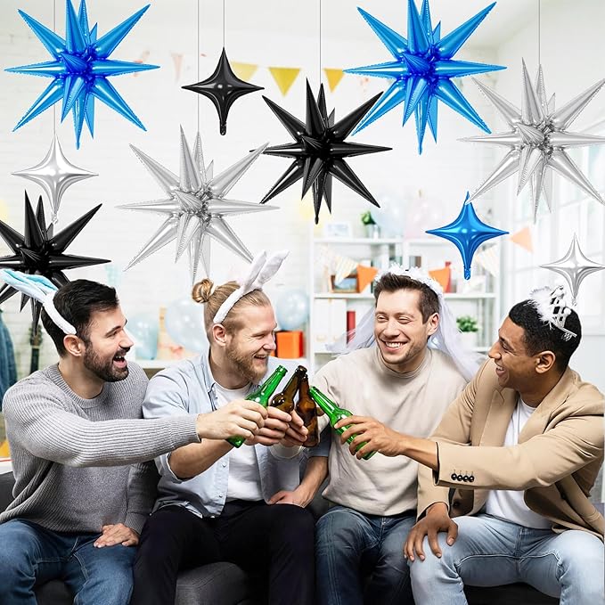 18 Pcs Black Blue Star Balloons, Silver Blue Black Balloon with 6 Pcs 22-Inch Explosion Star Balloons 12Pcs 10-Inch Four Pointed Stars Foil Balloon for Boys Baby Shower Birthday Party Decoration