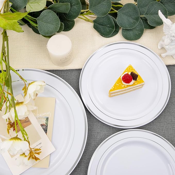 FLOWERCAT 60PCS Silver Plastic Plates - Heavy Duty White and Silver Plastic Plates Disposable - Include 30PCS 10.25inch Dinner Plates and 30PCS 7.5inch Dessert Plates for Wedding&New Year&Christmas