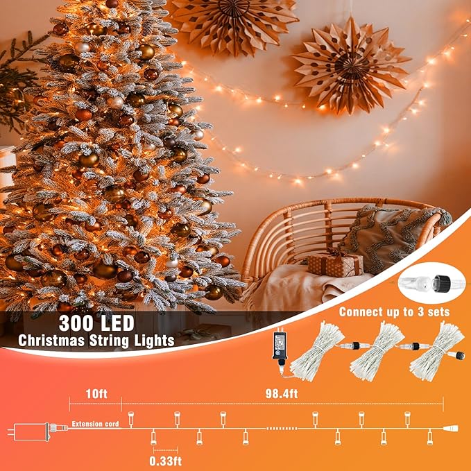 Vivideal 100ft 300 LED Orange Christmas Lights Outdoor Waterproof String Lights Indoor 8 Modes Clear Wire, Plug in Orange Christmas Light for Xmars Tree Bedroom Thanksgiving Decorations