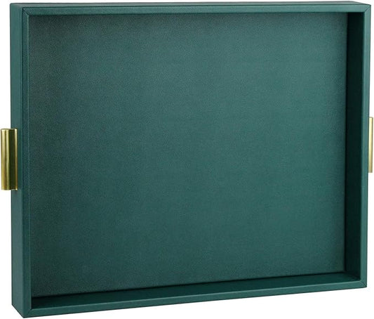 HofferRuffer Extra Large Serving Tray with Handles, Elegant Faux Leather Storage Decorative Tray for Coffee Table, Ottoman, Console Table (Green Tray+Golden Handle)