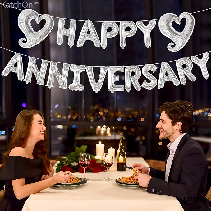 KatchOn, Silver Happy Anniversary Balloons Letters - Big, 18 Inch | Silver Happy Anniversary Balloon Banner | Heart Balloons