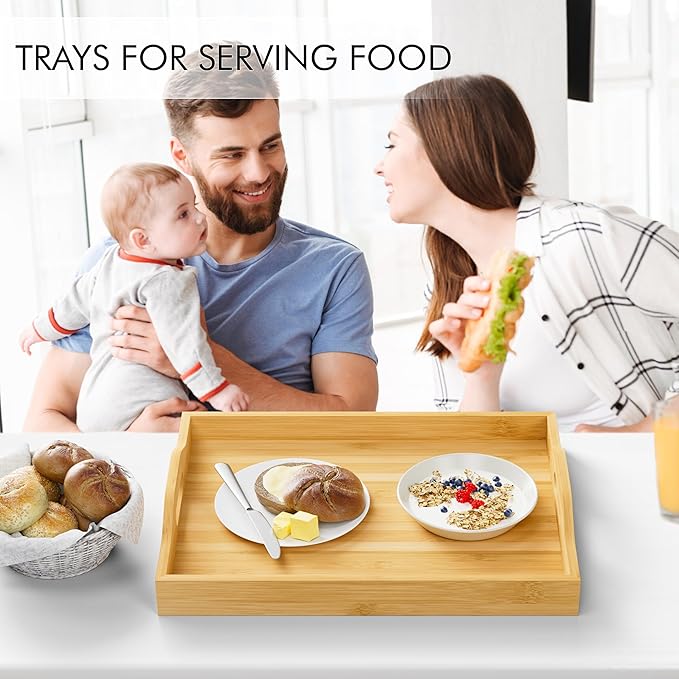 3 Pack Serving Tray with Handles, 3 Sizes Nestable Rectangular Tray Easy Carrying Serving Trays, Durable Bamboo Trays for Serving Food, Party, Kitchen, Organizing, Decorating