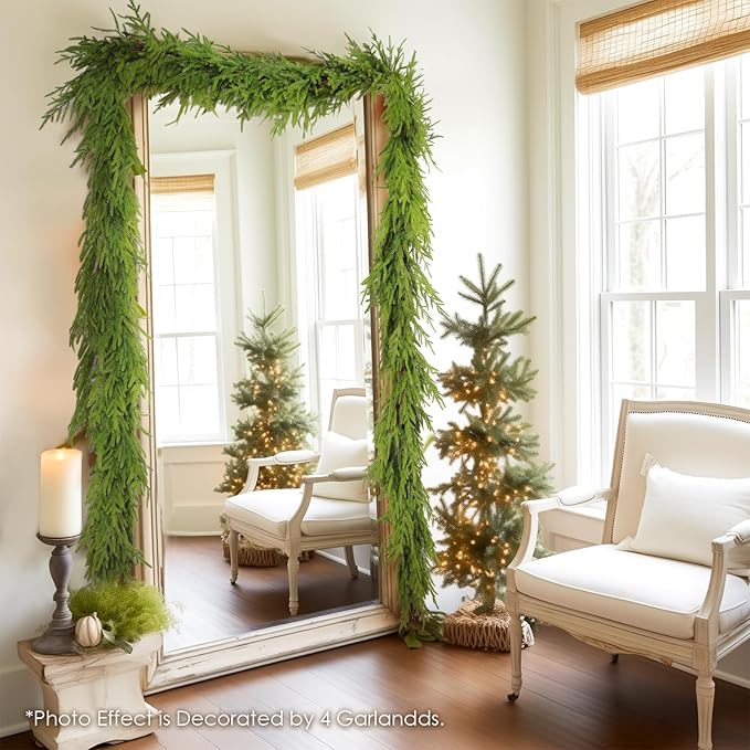 WBHome 2 PCS Real Touch Norfolk Pine Christmas Garland, Winter Greenery Garland for Christmas, Holiday Seasonal Outdoor/Indoor Home Decor, 9FT Long