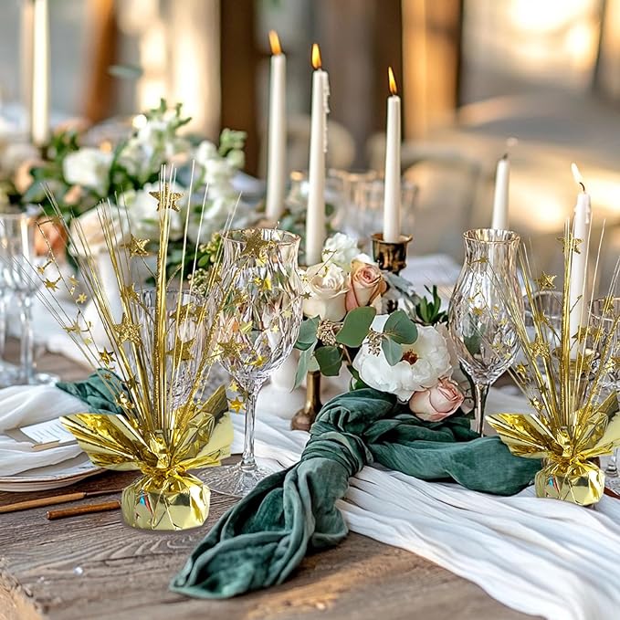 12 Pack Metallic Gold Foil Spray Centerpieces Stars Brust Table Centerpieces for Wedding Birthday Anniversary Holiday Party Decor, Metallic Star Balloon Wights for Party, Table Decor for Party