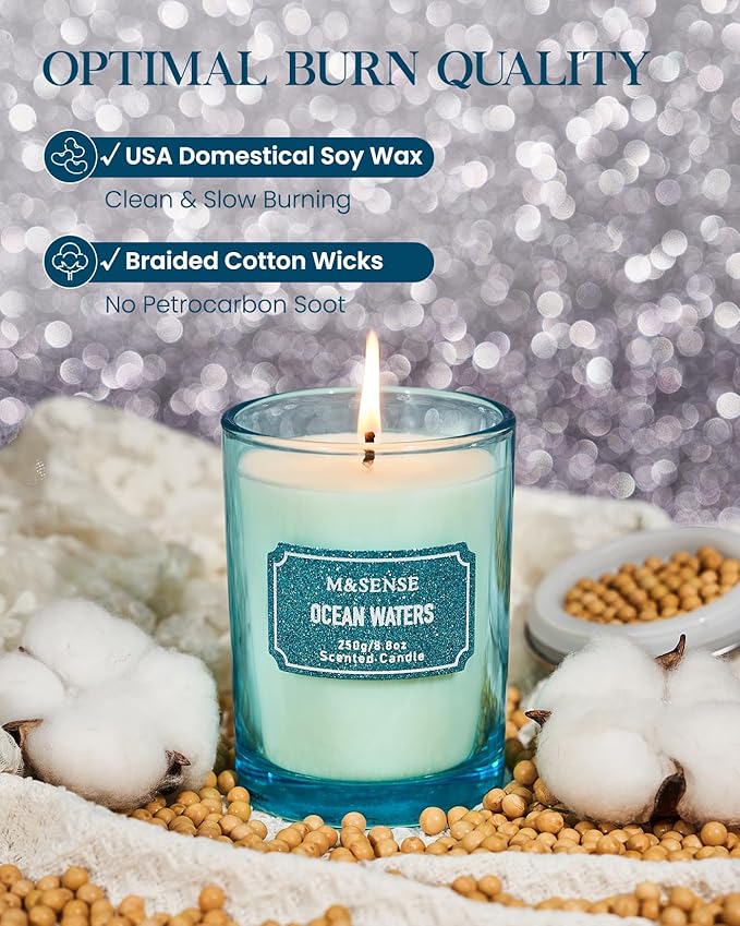 M&SENSE Ocean Water Scented Candles, Classic Size 8.8 oz Glitter Jar Candles, Holiday Candles Gifts for Women, Strong Scented Natural Soy Candle for Winter Home Decor, 50 Hours Long Burning