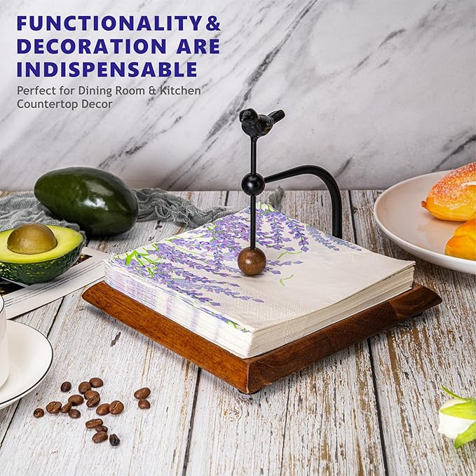 Wooden Napkin Holder with Bird-Shaped Handle – Elegant Flat Napkin Holder with Weighted Arm for Paper Napkins, Cocktail Napkins – Perfect for Kitchen, Dining Table, Café, and Bar – Ideal Holiday Gift