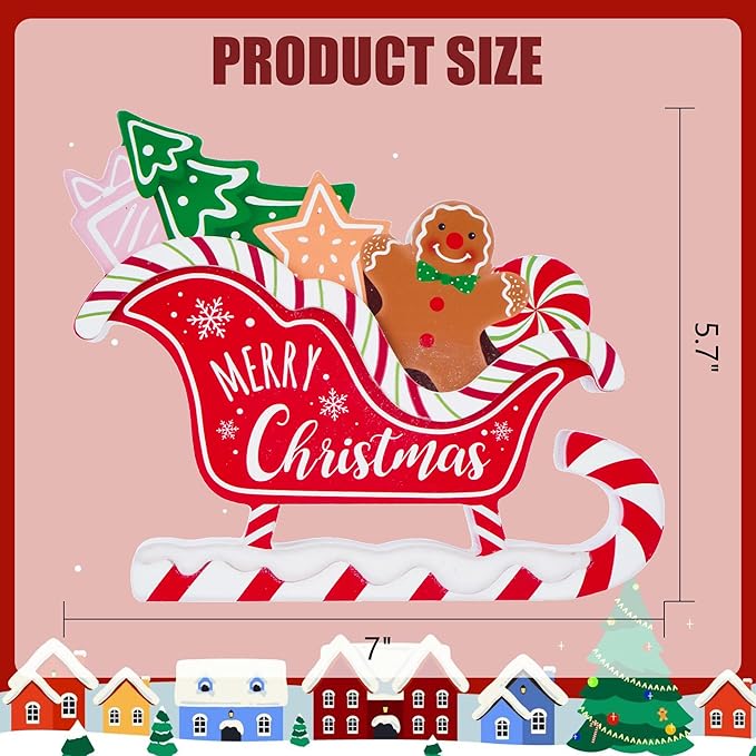 Christmas Decorations for Home Farmhouse Gingerbread Sleigh Decor Indoor Wooden Merry Christmas Sign Rustic Winter Vintage Holiday Block Tabletop for Kitchen Xmas Party Mantel Tiered Tray Gift