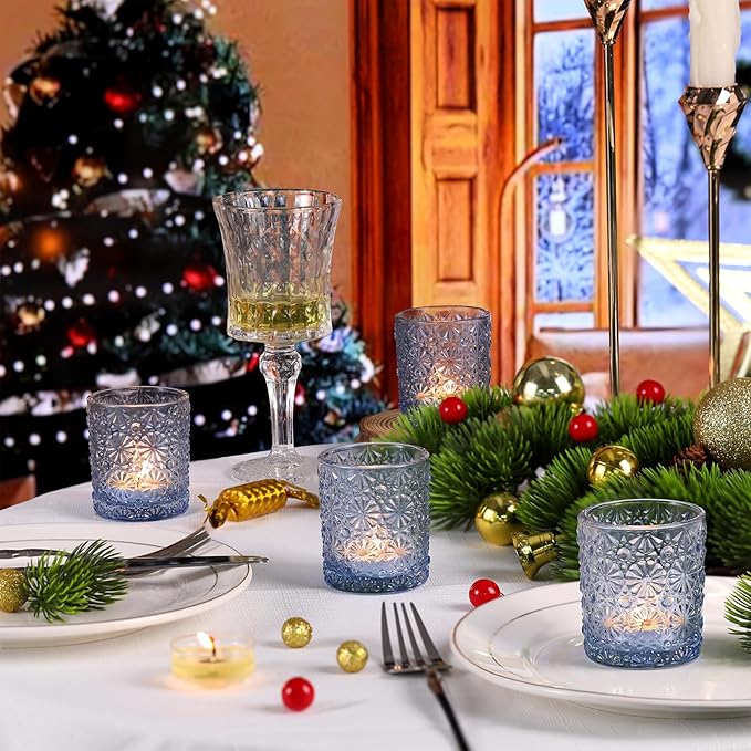 Blue Votive Candle Holder Set of 12, Flower Tea Lights Candles Holders for Wedding Table Centerpieces, Birthday Parties, Home Decor, Blue Bridal Shower and Holiday Decorations