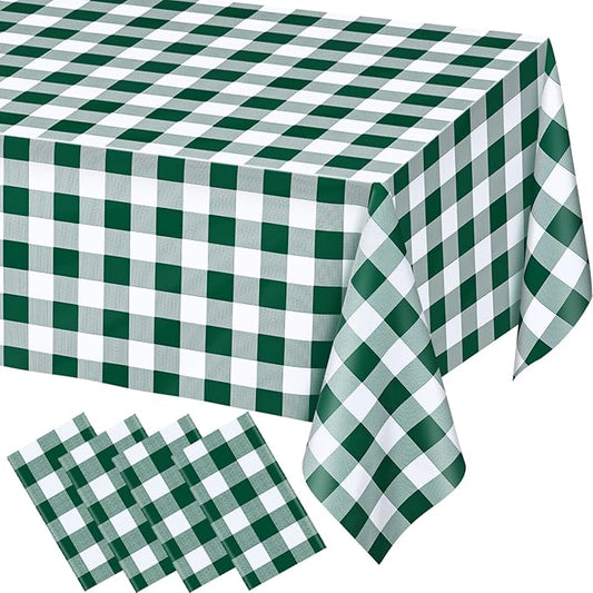 WNINK 4 Pack Green and White Checkered Rectangular Plastic Tablecloths, Green Gingham Waterproof Disposable Table Covers 54" x 108" for Birthday, Wedding, Outdoor Picnic Camping Parties