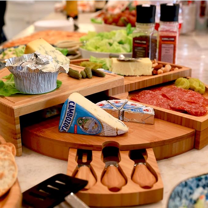 Picnic at Ascot Patented Bamboo Cheese/Charcuterie Board with Cheese Knife Set - Stores as a Compact Wedge - Opens to 18" Diameter - Designed & Quality Checked in USA