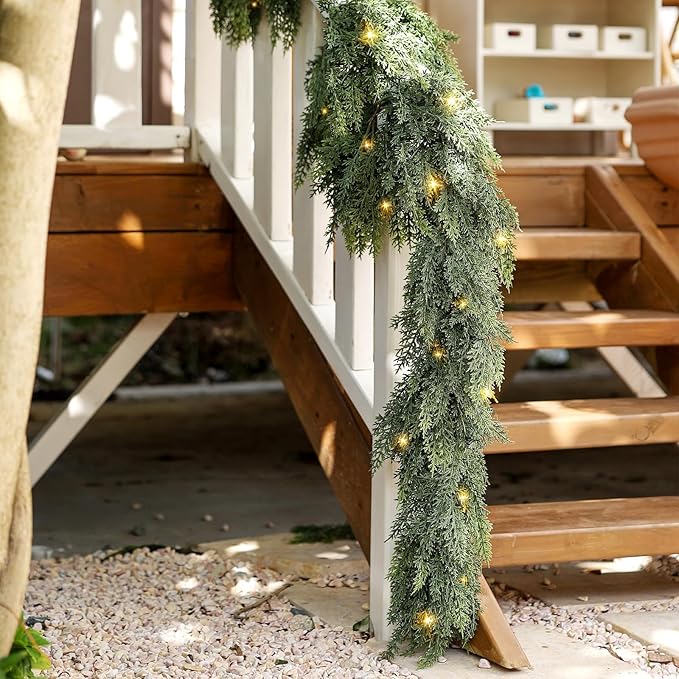Cedar Christmas Garland with Lights for Mantle - Decorations 15ft Realistic Lighted Faux Pine Garlands for Xmas Home Decoration Indoor Stairs Railing Fireplace Outdoor 15 ft Prelit Garland Door Decor