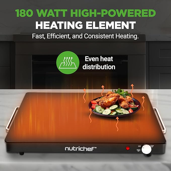 NutriChef Electric Warming Tray | Glass Surface Hot Serving Tray | Adjustable Temperature 140°F to 230°F | Energy Efficient & Space Saving | Perfect for Buffets,Parties & More | 21.2 x 16.5 IN | Black