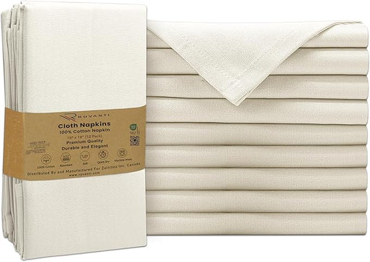 Ruvanti Premium Cloth Napkins Set of 12, 18x18 Inches, 100% Cotton, Washable, Soft & Absorbent, Perfect for Wedding, Christmas, Thanksgiving Dinners - Antique White