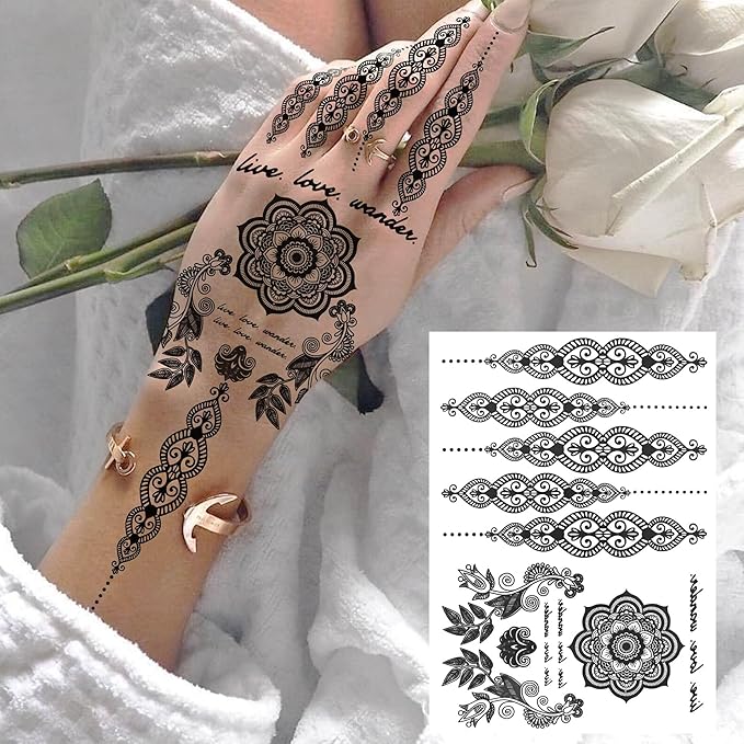 Vintage India Sexy Hands Temporary Tattoos For Women Finger Girls Adults, 4 Sheets Bohemia Lace Black Lotus Mandala Flower Fake Jewels Tattoo Sticker Kits Stencils, Party Favor Supplies Decoration