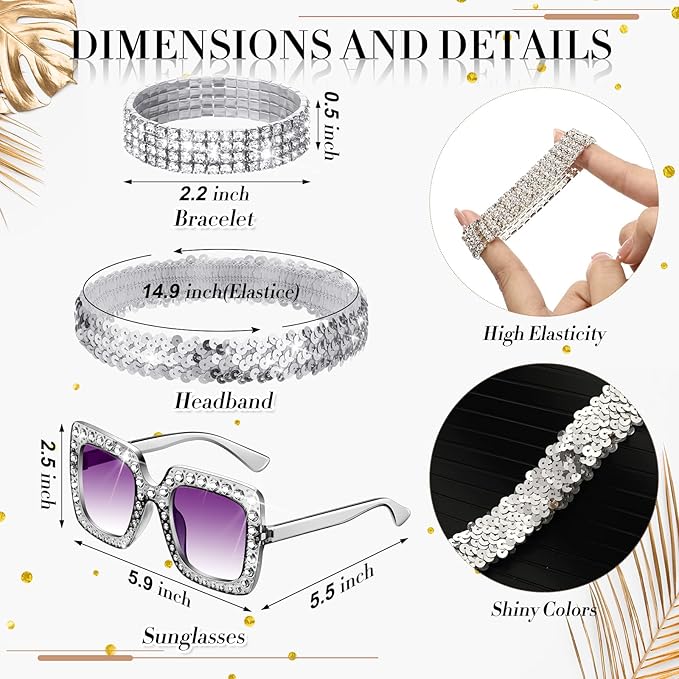 Sasylvia 5 Pcs 70s Disco Accessories Halloween Women Costume Jewelry Sequin Scarf Earrings Sunglasses Bracelet Headband