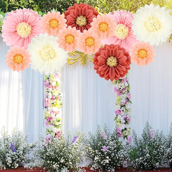 VAIPI 12 Pcs Giant Tissue Paper Flowers Decorations 30'' 24'' 20'' 12'' Large Crepe Paper Flowers Colorful Pom Poms DIY Craft for Wedding Baby Shower Birthday Party Wall Backdrop Decor