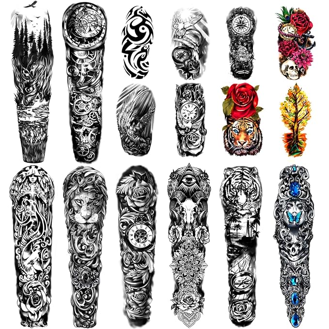 Extra Large waterproof Temporary Tattoos 8 Sheets Full Arm Fake Tattoos and 8 Sheets Half Arm Tattoo Stickers for Men and Women (22.83"X7.1")