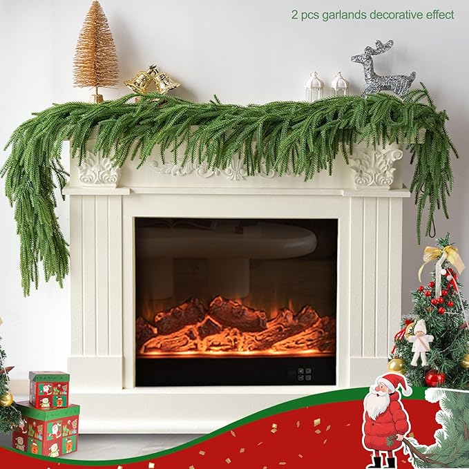 6Ft 2Pcs Artificial Norfolk Pine Garland Realistic Green Faux Greenery Garland for Christmas Table, Fireplace, Mantle, Window, Stairs, Indoor, Outdoor Holiday Decor