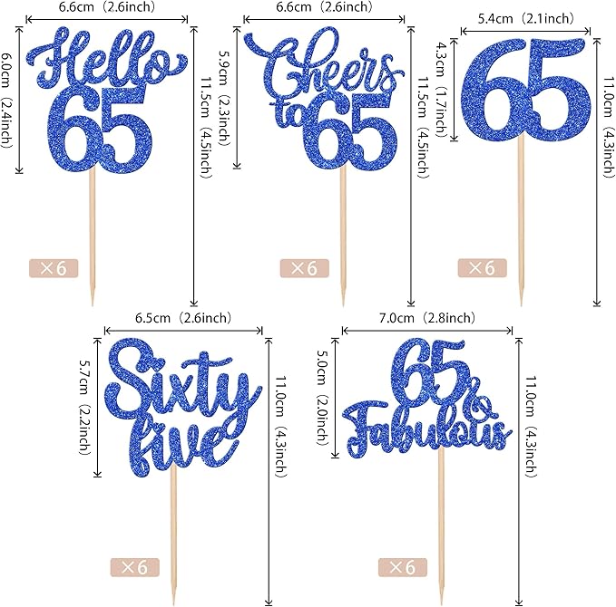 30PCS Happy 65th Birthday Cupcake Toppers Glitter Hello 65 Fabulous Sixty Five Cheers to 65 Years Old Birthday Cupcake Picks for Happy 65th Birthday Anniversary Party Cake Decorations Supplies Blue