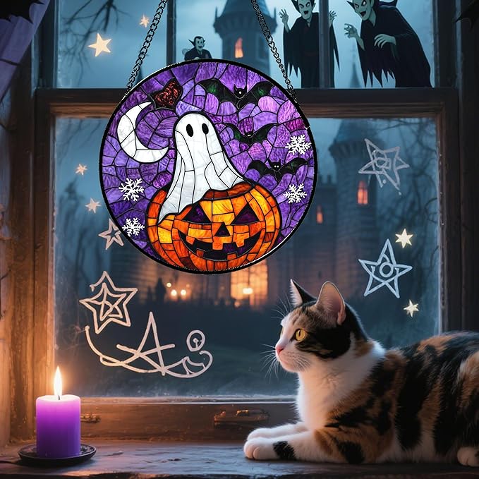 Stained Glass Window Hanging Halloween Horror Pumpkin 7.8" - Suncatcher Door Garden Sunroom Gothic Style Ghost Bat Sun Catcher Birthday for Friend Mom Men Woman Nana