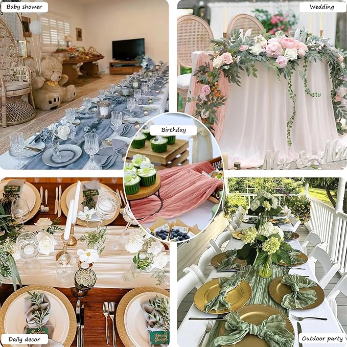 Booque Valley 6 Pack Sage Green Cheesecloth Table Runner 10ft Super Soft Boho Wrinkled Gauze Sheer Cloth for Baby Shower Baptism Birthday Party Wedding Centerpiece Table Decoration, 35x120 Inch