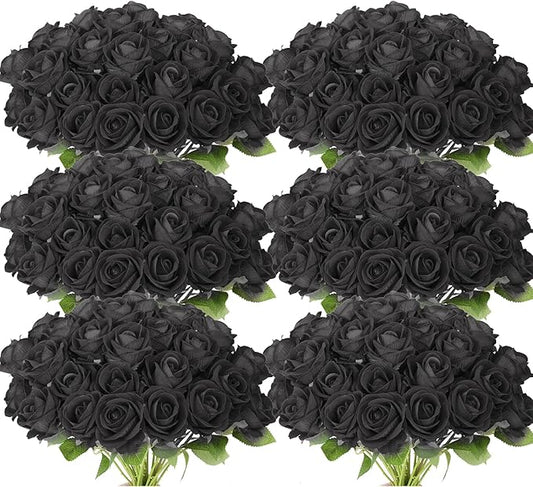 52 PCS Black Artificial Roses Bulk, Fake Artificial Flowers Bridal Bouquet Silk Faux Rose with Stems for Wedding Flowers Decoration, Valentine's Day, Bridal Bouquet, Anniversary, Home Decor (52PCS)