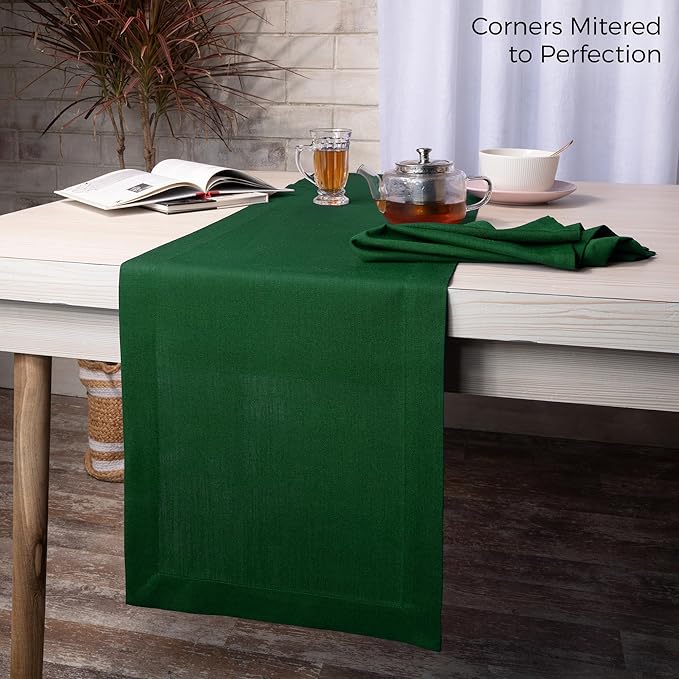 D'Moksha Homes Eden Green Table Runner 14 x 60 Inch - Faux Linen Table Runner - Wrinkle Resistant, Machine Washable Ideal for Dresser, Coffee Tables, Thanksgiving, Christmas - 100% Recycled Fabric