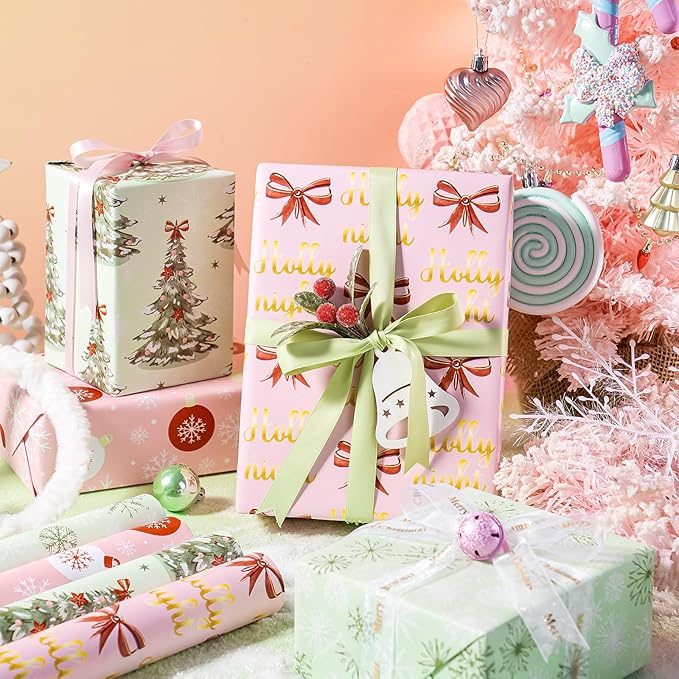 WRAPAHOLIC 30 Inch Christmas Wrapping Paper Roll - Jumbo Roll Light Green and Pink Christmas Tree, Snowflakes and Holly Red Bow Wrapping Paper - 4 Rolls - 30 Inch x 120 Inch Per Roll