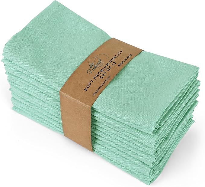 Cloth Napkins Set of 12 Cotton Linen 18x18 Inch - Soft Durable Washable - Ideal for Farmhouse Party Wedding Spring Summer Easter - Perfect Everyday Use Table Linen (Aqua Green, Pack of 12)
