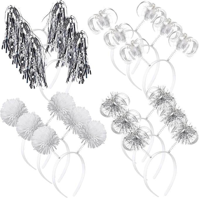 Censen 12 Pcs Christmas Pom Pom Headbands Spirit Party Headwear Tinsel Ponytails Head Bopper for Birthday Holiday