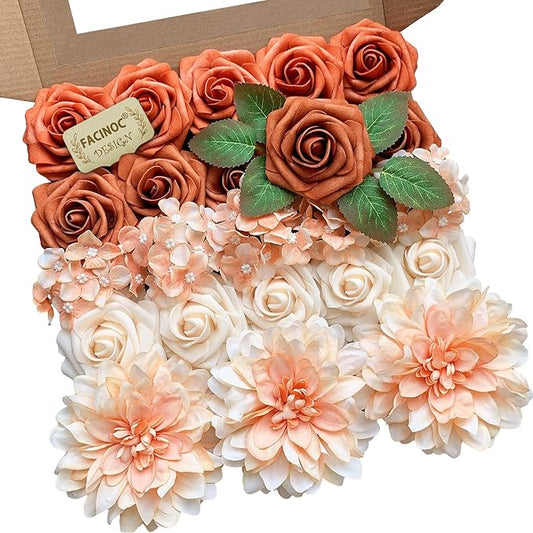 Roses Artificial Flowers Orange Fake Flower Bulk for DIY Wedding Bouquets Bridal Baby Shower Centerpiece Table Decorations Silk Faux Floral Arrangements for Party Home Decor Cake Decorating