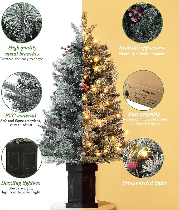 3 ft Prelit Premium Snow Flocked Artificial Christmas Tree with 8 Mode Warm White Led, Mini Prelit Xmas Pine Tree for Christmas Decoration,Yard,Home,Office,Outdoor,Indoor 2PCS