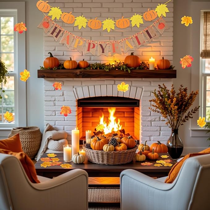Pre-Strung Happy Fall Burlap Banner, Pumpkin Banner, and 100 Pcs Maple Leaf Confetti for Autumn Fall Thanksgiving Home Decorations
