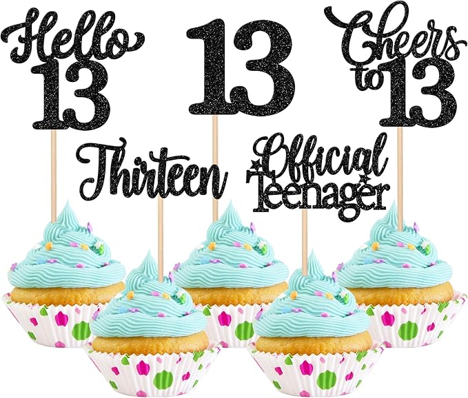 30PCS Happy 13th Birthday Cupcake Toppers Glitter Thirteen Official Teenager Hello 13 Cupcake Picks Cheers to 13 Birthday Decorations for 13th Birthday Anniversary Party Cake Decor Supplies Black