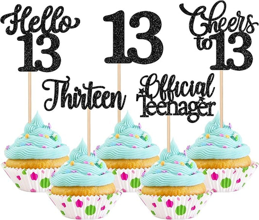 30PCS Happy 13th Birthday Cupcake Toppers Glitter Thirteen Official Teenager Hello 13 Cupcake Picks Cheers to 13 Birthday Decorations for 13th Birthday Anniversary Party Cake Decor Supplies Black
